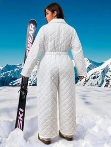 SHEIN EZwear Plus Size Women's Zipper Front Long Sleeve Casual 80s Jumpsuit, Autumn/Winter Fall Going Out Beach White - White - View 2