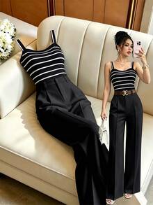 SHEIN Clasi 女款條紋細肩帶上衣與長褲休閒日常兩件套 - 黑色 - 查看 5
