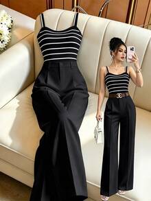 SHEIN Clasi 女款條紋細肩帶上衣與長褲休閒日常兩件套 - 黑色 - 查看 1