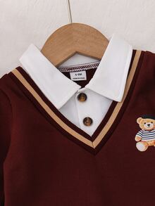 SHEIN 幼童男孩毛衣 Polo 褲套裝，可愛酒紅熊刺繡條紋長袖 V 領加厚款，派對家庭校園冬季紳士風棕色條紋 - 棕色 - 查看 4