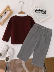 SHEIN 幼童男孩毛衣 Polo 褲套裝，可愛酒紅熊刺繡條紋長袖 V 領加厚款，派對家庭校園冬季紳士風棕色條紋 - 棕色 - 查看 2