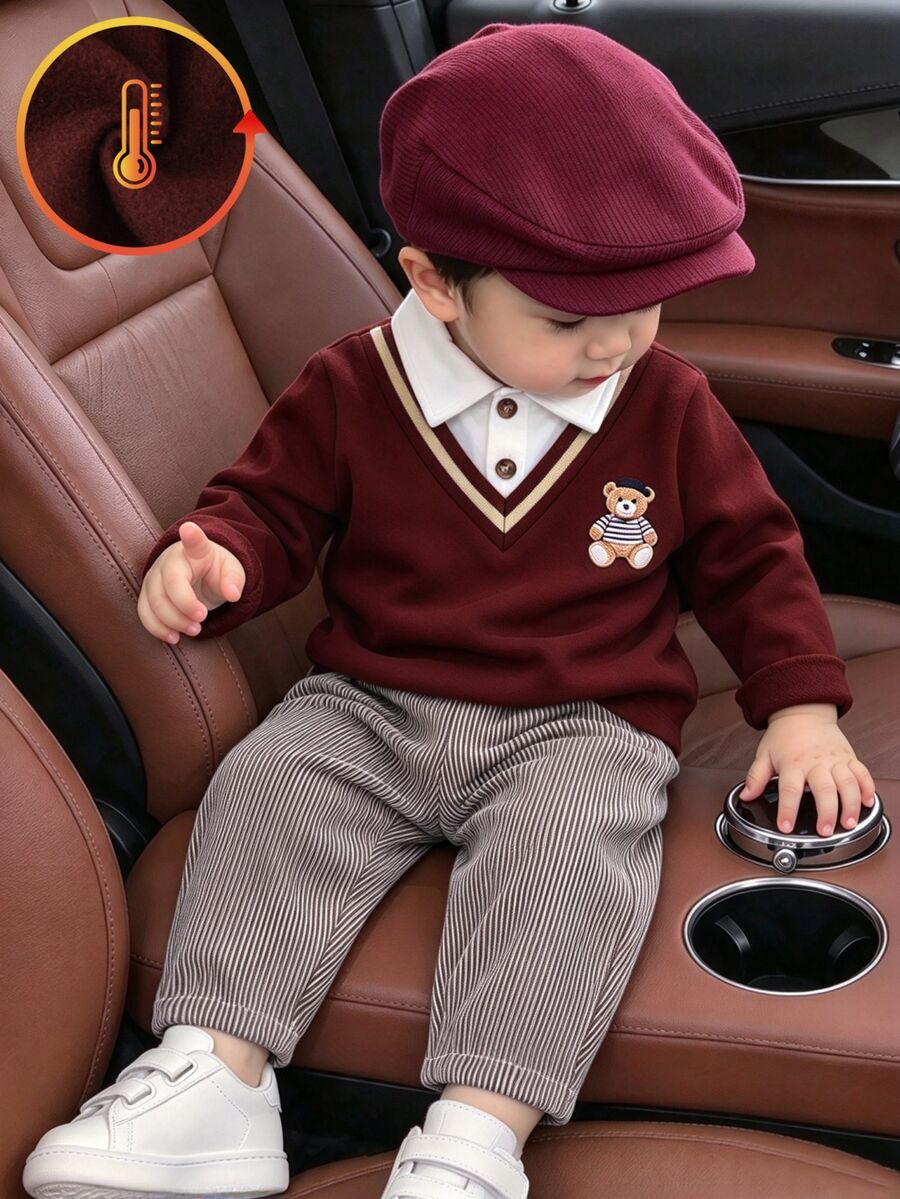 SHEIN 幼童男孩毛衣 Polo 褲套裝,可愛酒紅熊刺繡條紋長袖 V 領加厚款,派對家庭校園冬季紳士風棕色條紋 - 棕色 - 查看 1