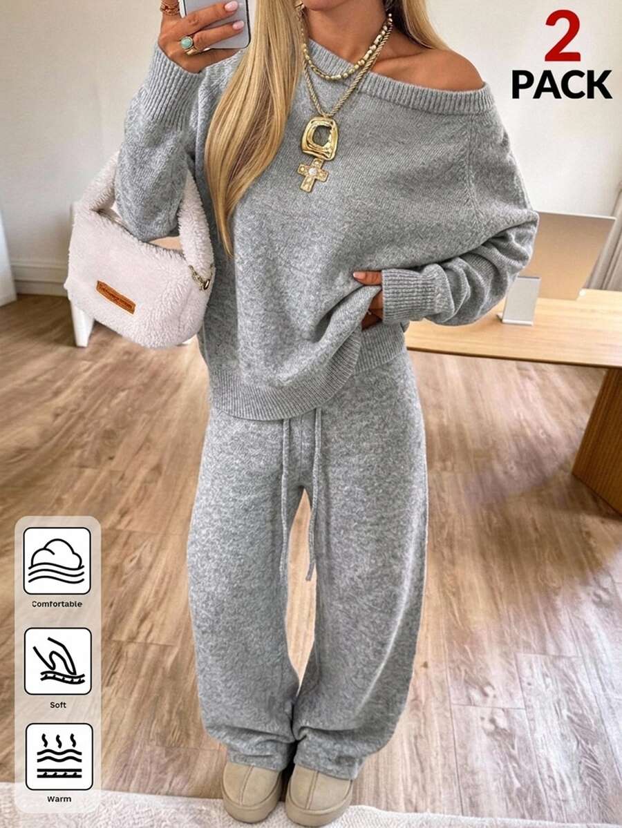 Coolane Setelan Sweater Rajut Longgar Kasual Wanita dengan Bahu Terbuka dan Celana Panjang, Musim Gugur, Santai, Warna Polos, 2 Potongan Nyaman - Grey - View 1
