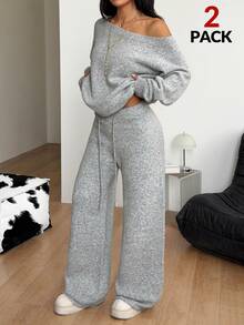 Coolane Setelan Sweater Rajut Longgar Kasual Wanita dengan Bahu Terbuka dan Celana Panjang, Musim Gugur, Santai, Warna Polos, 2 Potongan Nyaman - Grey - View 5