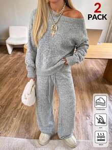 Coolane Setelan Sweater Rajut Longgar Kasual Wanita dengan Bahu Terbuka dan Celana Panjang, Musim Gugur, Santai, Warna Polos, 2 Potongan Nyaman - Grey - View 6