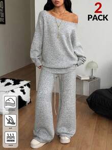 Coolane Setelan Sweater Rajut Longgar Kasual Wanita dengan Bahu Terbuka dan Celana Panjang, Musim Gugur, Santai, Warna Polos, 2 Potongan Nyaman - Grey - View 4