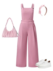 SHEIN Teen Girls Fall Pink Vertical Striped Overalls, Wide Strap Button Straps, Elastic Waist Draped Wide Leg Pants, Baggy Graduation Formal Elegant White - Pink - View 3