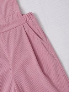 SHEIN Teen Girls Fall Pink Vertical Striped Overalls, Wide Strap Button Straps, Elastic Waist Draped Wide Leg Pants, Baggy Graduation Formal Elegant White - Pink - View 5