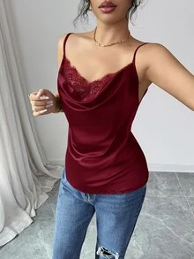 SHEIN LUNE 女士优雅蕾丝缎面吊带背心（黑色） - 酒紅色 - 查看 3