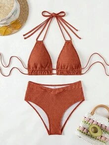 Swim Basics Women's Summer Beach Solid Color Halter Tie Sexy Bikini Swimwear Set - Rust Brown - View 2