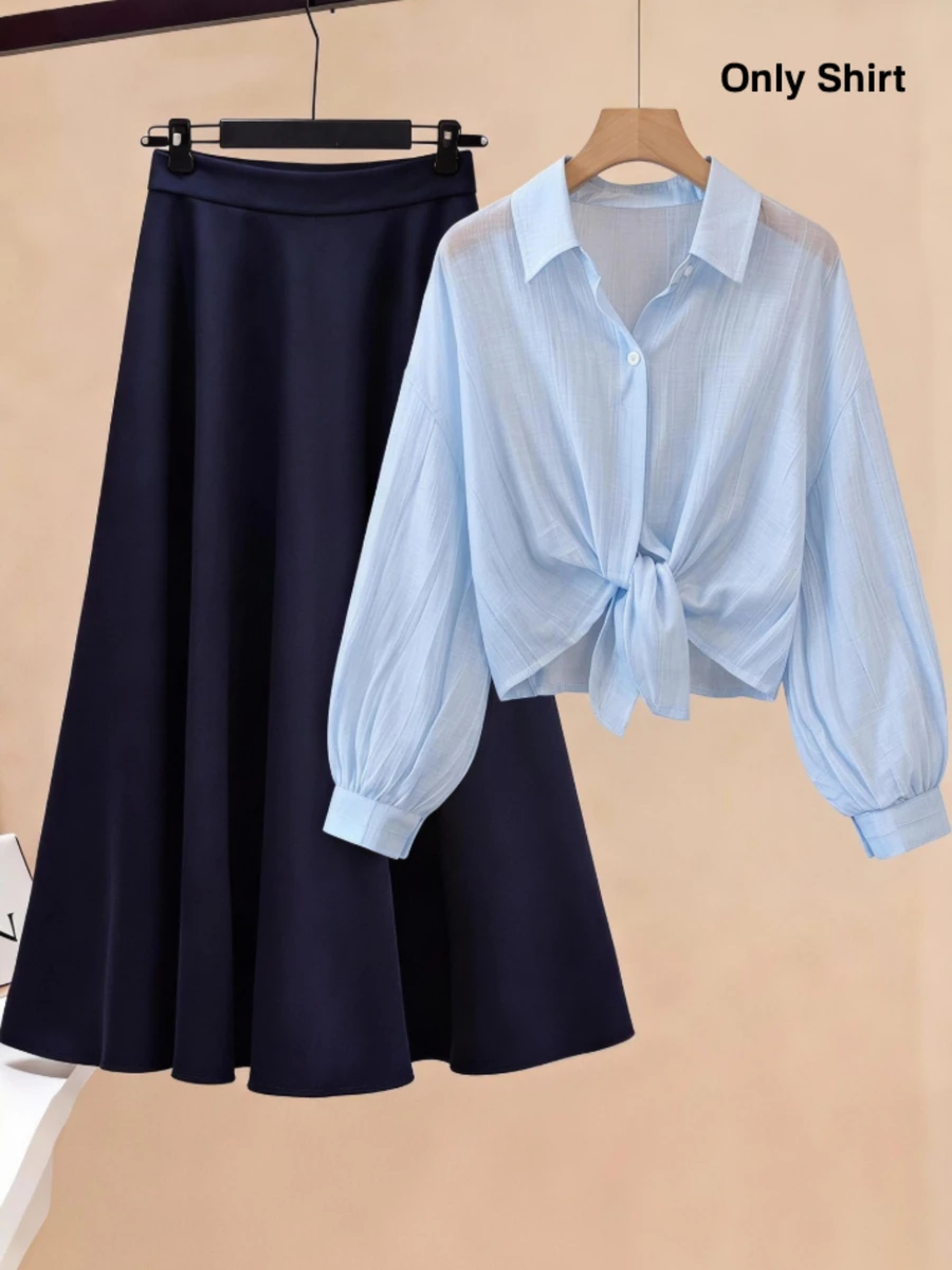 SHEIN Tween Girls Fall Tops Light Blue Collared Drop-Shoulder 3/4 Sleeve Shirt Preppy Style School Casual Autumn Outfit Comfortable Daily Vacation M... - Baby Blue - View 1