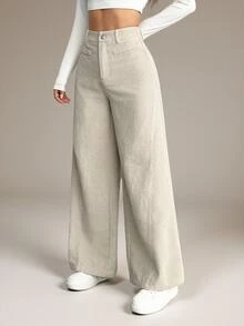 SHEIN PETITE Women's Solid Color Front Button Casual Wide Leg Pants, Suitable For Daily Wear ,Petite Women - Apricot - View 7