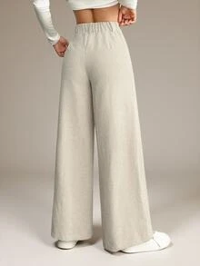 SHEIN PETITE Women's Solid Color Front Button Casual Wide Leg Pants, Suitable For Daily Wear ,Petite Women - Apricot - View 3