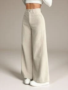 SHEIN PETITE Women's Solid Color Front Button Casual Wide Leg Pants, Suitable For Daily Wear ,Petite Women - Apricot - View 2