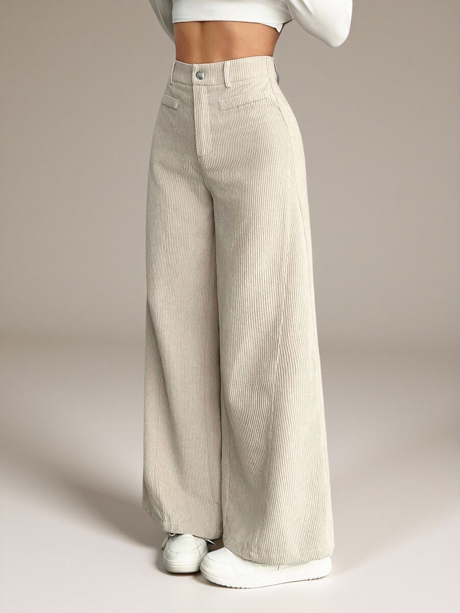SHEIN PETITE Women's Solid Color Front Button Casual Wide Leg Pants, Suitable For Daily Wear ,Petite Women
