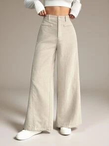 SHEIN PETITE Women's Solid Color Front Button Casual Wide Leg Pants, Suitable For Daily Wear ,Petite Women - Apricot - View 6