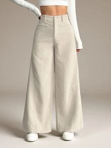 SHEIN PETITE Women's Solid Color Front Button Casual Wide Leg Pants, Suitable For Daily Wear ,Petite Women - Apricot - View 4