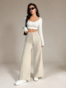 SHEIN PETITE Women's Solid Color Front Button Casual Wide Leg Pants, Suitable For Daily Wear ,Petite Women - Apricot - View 8