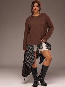 Freevana Plus Size Solid Drop Shoulder Oversize Tee - Coffee Brown - View 5