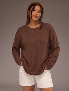 Freevana Plus Size Solid Drop Shoulder Oversize Tee - Coffee Brown - View 4