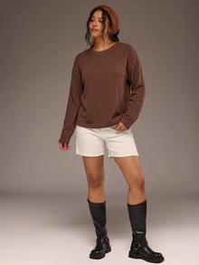 Freevana Plus Size Solid Drop Shoulder Oversize Tee - Coffee Brown - View 3