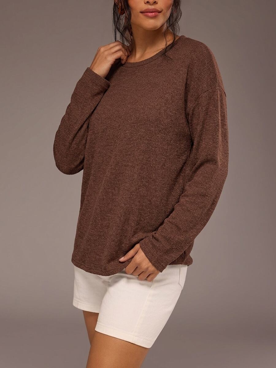Freevana Plus Size Solid Drop Shoulder Oversize Tee - Coffee Brown - View 1