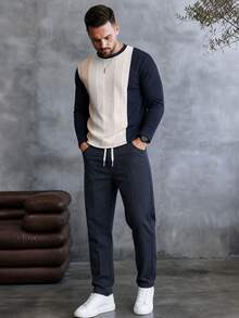 EGENSIO Men's Colorblock Crew Neck Long Sleeve T-Shirt And Pants Casual Set - Navy Blue - View 1