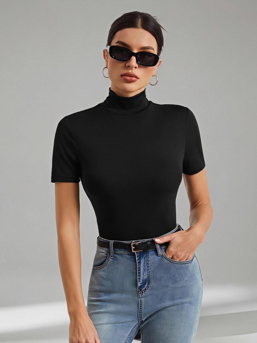 SHEIN Tall Women's Solid Color Basic Black Turtleneck Short-Sleeved T-Shirt, Tall Women Day Time Everyday Holiday Summer Casual Minimalist Simple Office