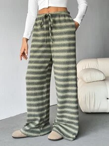 SHEIN Tall 女款舒適休閒簡約低腰抽繩寬腿條紋長褲套裝，舒適居家褲套裝，適合高個女性 - 綠色 - 查看 14