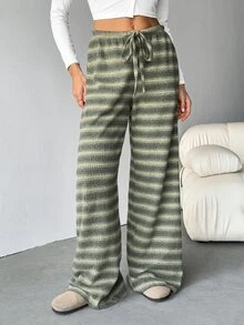 SHEIN Tall 女款舒適休閒簡約低腰抽繩寬腿條紋長褲套裝，舒適居家褲套裝，適合高個女性 - 綠色 - 查看 8