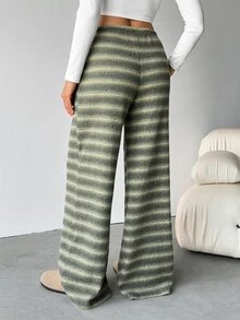 SHEIN Tall 女款舒適休閒簡約低腰抽繩寬腿條紋長褲套裝，舒適居家褲套裝，適合高個女性 - 綠色 - 查看 2