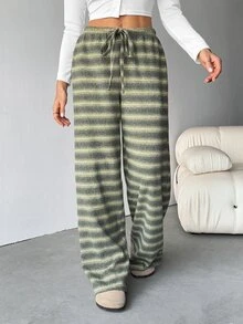 SHEIN Tall 女款舒適休閒簡約低腰抽繩寬腿條紋長褲套裝，舒適居家褲套裝，適合高個女性 - 綠色 - 查看 7