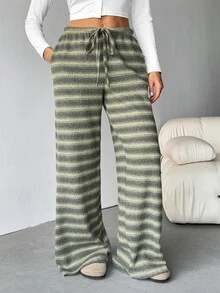 SHEIN Tall 女款舒適休閒簡約低腰抽繩寬腿條紋長褲套裝，舒適居家褲套裝，適合高個女性 - 綠色 - 查看 10
