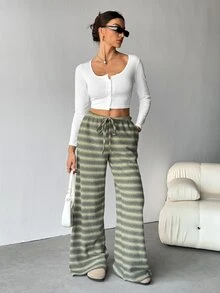 SHEIN Tall 女款舒適休閒簡約低腰抽繩寬腿條紋長褲套裝，舒適居家褲套裝，適合高個女性 - 綠色 - 查看 9