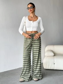 SHEIN Tall 女款舒適休閒簡約低腰抽繩寬腿條紋長褲套裝，舒適居家褲套裝，適合高個女性 - 綠色 - 查看 5