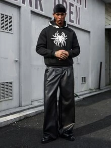 Major Grit 男士街頭塗鴉風大廓形短版連帽衛衣，貼布繡花圖案，萬聖節蜘蛛元素，特殊毛巾繡效果，短版寬鬆剪裁，美式街頭嘻哈風，復古街頭，個性化，街舞，滑板，饒舌，塗鴉，次文化，寬鬆，中性款，節日禮物，哥德風 - 黑色 - 查看 4