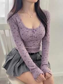 DAZY 情人节夸张领口满花半襟修身女式 T 恤，秋季服装长袖女式上衣 - 紫色 - 查看 6