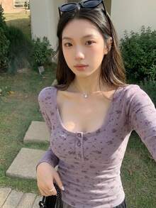 DAZY 情人节夸张领口满花半襟修身女式 T 恤，秋季服装长袖女式上衣 - 紫色 - 查看 7