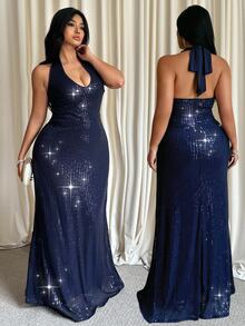 GalTyme Plus Size Women's Solid Color V-Neck Sequin Slim Fit Elegant Halter Neck Dress Christmas - Navy Blue - View 1