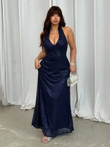 GalTyme Plus Size Women's Solid Color V-Neck Sequin Slim Fit Elegant Halter Neck Dress Christmas - Navy Blue - View 4