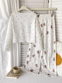SHEIN 青少年女孩櫻桃圖案V領長袖上衣與長褲睡衣套裝 - 白色 - 查看 14
