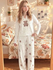 SHEIN 青少年女孩櫻桃圖案V領長袖上衣與長褲睡衣套裝 - 白色 - 查看 3