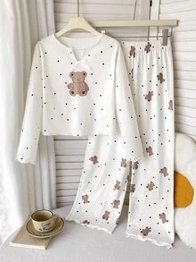 SHEIN 青少年女孩櫻桃圖案V領長袖上衣與長褲睡衣套裝 - 白色 - 查看 1