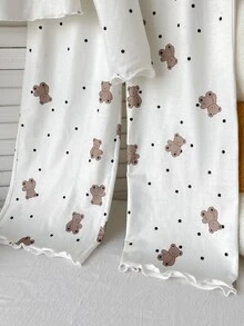 SHEIN 青少年女孩櫻桃圖案V領長袖上衣與長褲睡衣套裝 - 白色 - 查看 11
