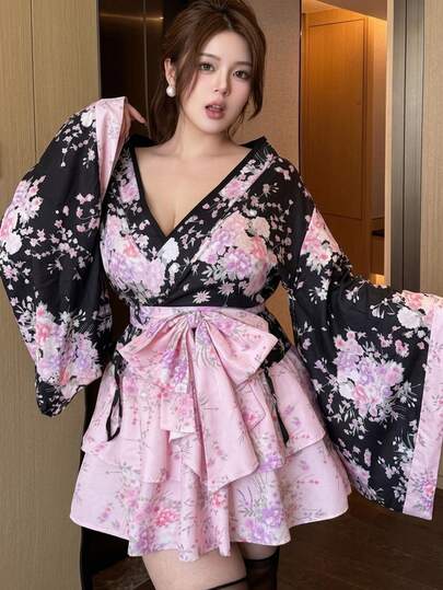 Vibekara Plus Size Women's Kimono Floral Blouse And Skirt 2 Pieces Set Fall Halloween