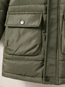 小男孩字母印花長袖拉鍊連帽冬季外套 - 軍綠色 - 查看 4