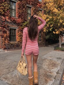 Comfortcana Women's Striped Crew Neck Long Sleeve Casual Versatile T-Shirt Casual Blouses 2000s Style Work Tops - Hot Pink - View 3