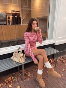 Comfortcana Women's Striped Crew Neck Long Sleeve Casual Versatile T-Shirt Casual Blouses 2000s Style Work Tops - Hot Pink - View 5