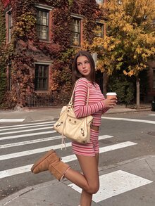 Comfortcana Women's Striped Crew Neck Long Sleeve Casual Versatile T-Shirt Casual Blouses 2000s Style Work Tops - Hot Pink - View 6