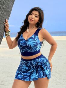 Swim Vcay Plus Size Summer Holiday Beach Gym Party Plant Print Bikini Set Dark Blue Floral Boho - Blue - View 5